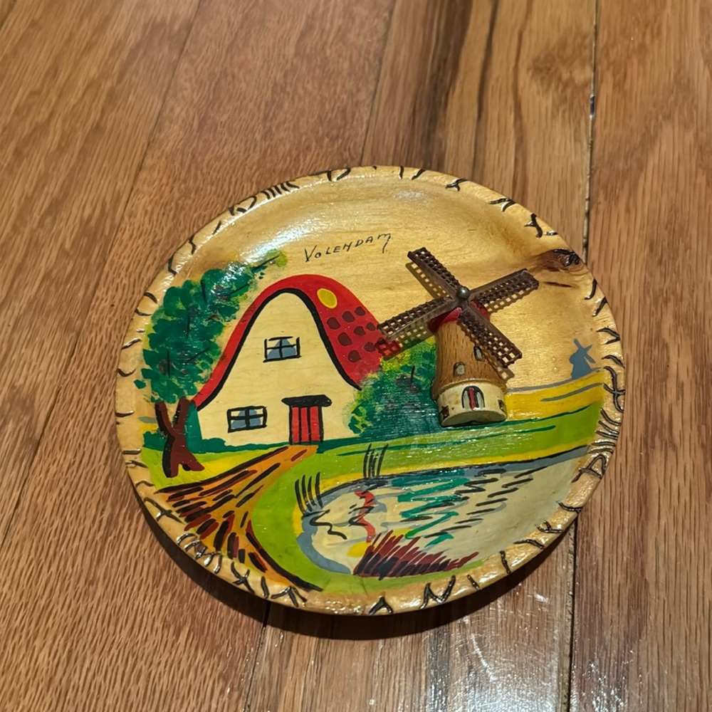 Vintage Folk Art Windmill 3D Wooden Collector Plate